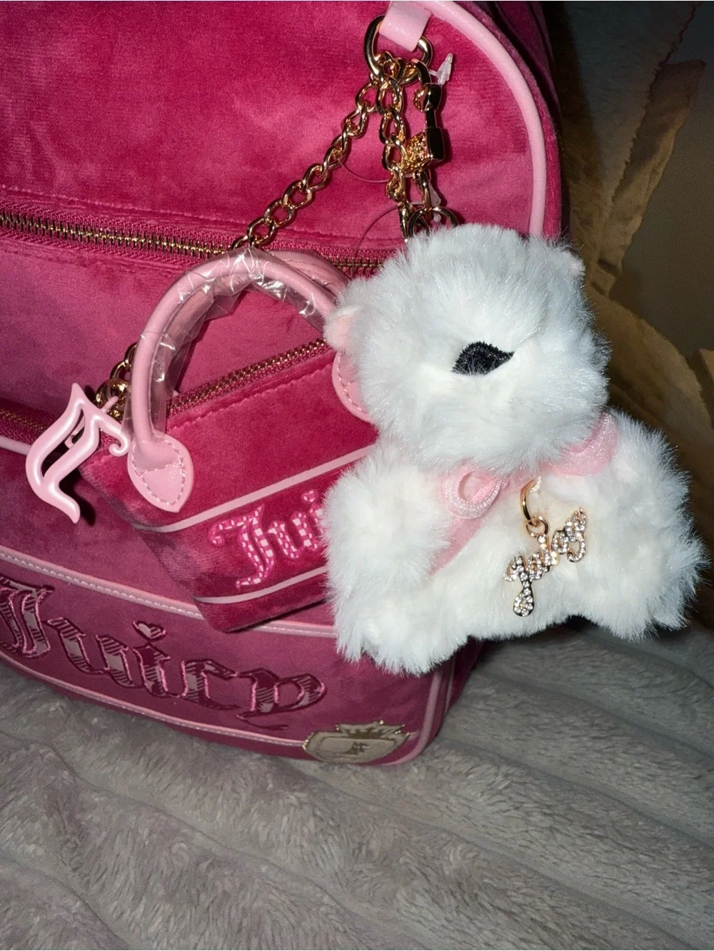 Juicy Couture Pink Velour Backpack with Plush Charm and Mini Purse